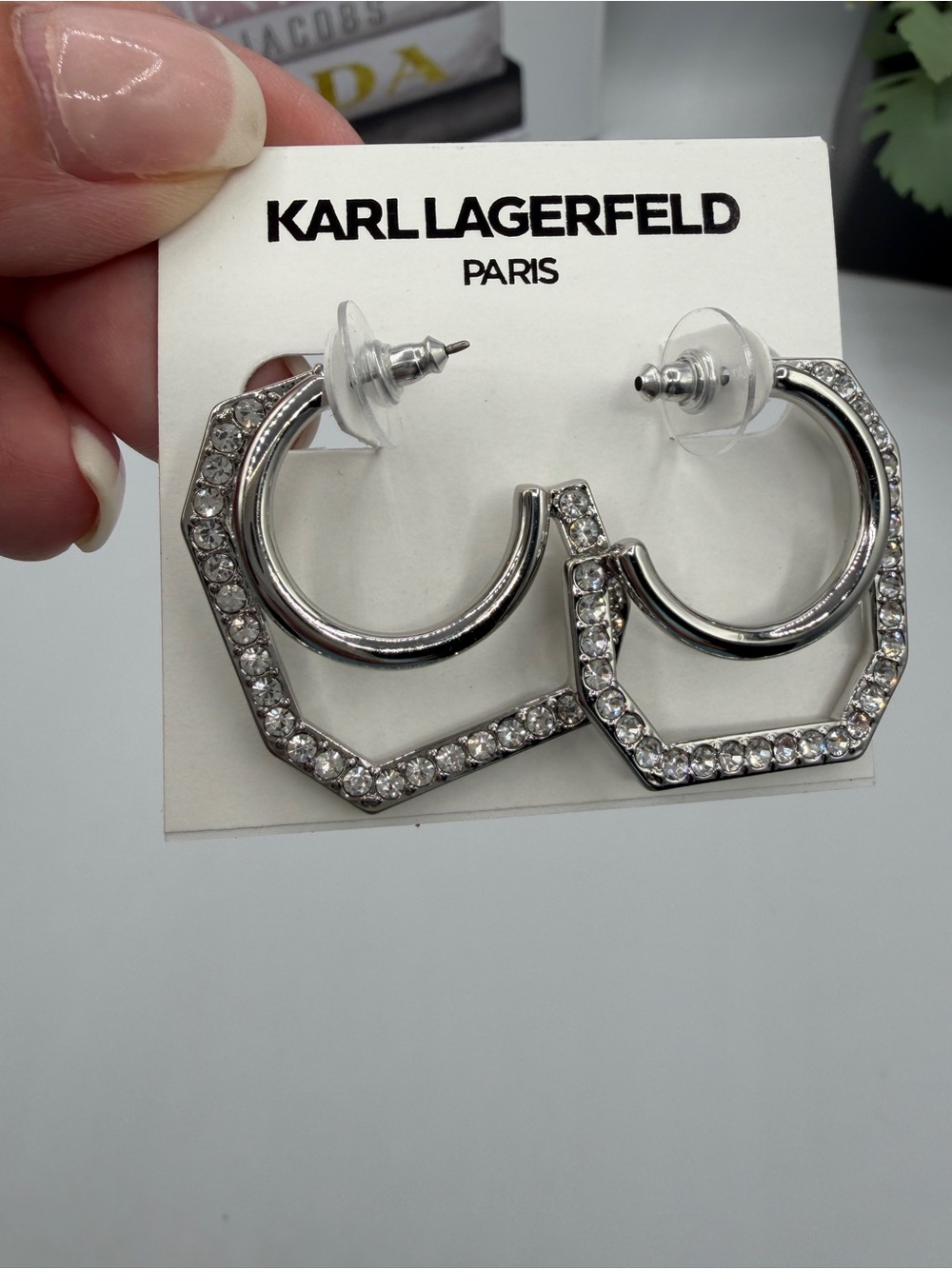 KARL LAGERFELD NWT Silver Crystal Pave Hexagon Hoop Earrings